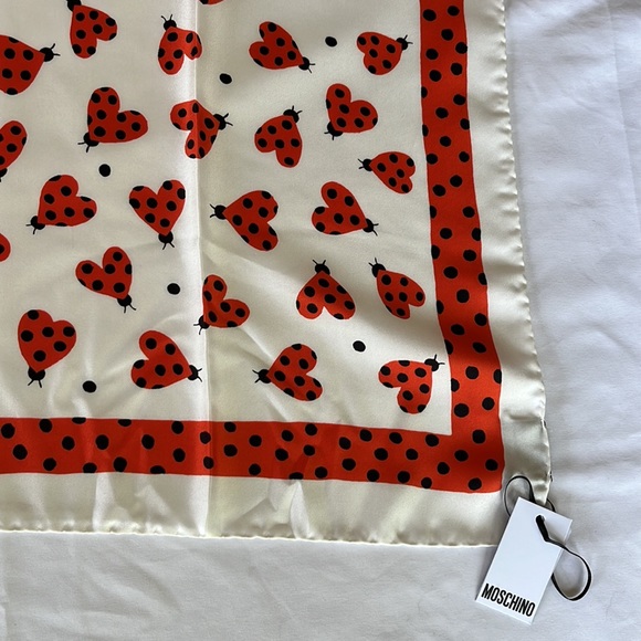 Moschino Boutique Silk Scarf Red Heart Lady Bugs 26โx26โ - Picture 4 of 8